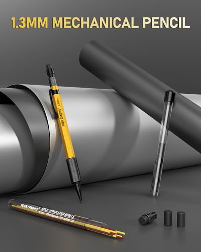 Four Candies 1.3mm Mechanical Pencil Set with 24 Lead Refills, Metal Weatherproof Heavy Duty Outdoor Carpenter Pencil, Eraser, 6 Eraser Refills for Architect Drafting Woodworking Marking with Case - size: 1-Pack, style: Yellow