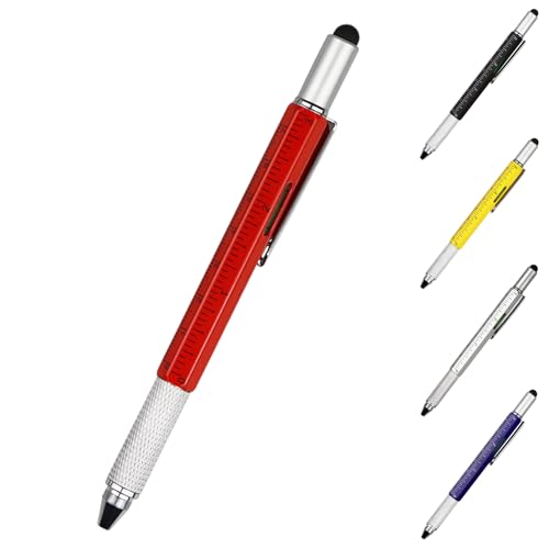 DUNBONG 6-in-1 Multi Tool Pen, Stylus & Screwdriver, 0.7mm Black Ink - Red | Aluminum prismatic non-slip grip | Rotary no-cap design | Ruler & level built-in | Refillable | Long-lasting clip - color: Red