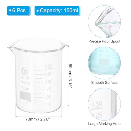 PATIKIL 150ml Low Form Glass Beaker, 6Pcs 3.3 Borosilicate Glass Beakers Graduated Measuring Cup with Spout for Lab Experiment, Cooking and Baking, Clear - size: 150ml