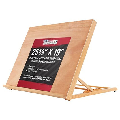U.S. Art Supply X-Large 25-5/8" x 19" (A2) Wooden Drawing Board, Adjustable Table Top Easel for Painting and Drawing - Drafting Board with 6 Angles, Pencil Ledge, Locking Storage Drawer - size: Extra-Large