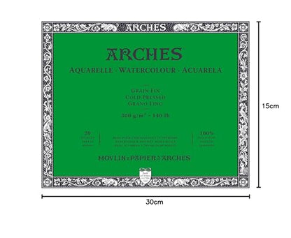 Arches Aquarelle Watercolor Block, Cold Pressed, 140lb/300gsm, 20 Sheet, 5.9x11.8 inch, Arches Watercolor Paper 100% Cotton