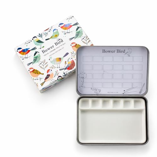 Bower Bird Travel Ceramic Watercolor Palette with 12-Well Porcelain Mixing Tray & Metal Tin Box - Portable Art Kit for Gouache, Studio & Outdoor Painting (6Well) - size: 6 Wells