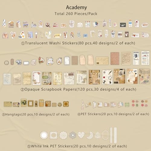 260 PCS Vintage Scrapbooking Supplies Kit for Beginners (Academy) | Large Collection, Aesthetic Journaling, Bullet Junk Journals, Arts Craft Collage,Ephemera Adults,Girls Teenage School Style - color: Academy