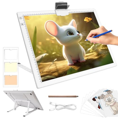 A3 Light Pad for Diamond Painting - Rechargeable Tracing Light Box with Stand, 3 Colours Stepless Dimmable 6 Levels Brightness Light Board, Battery Powered Portable Light Pad for Weeding Vinyl(White) - style: A3 Rechargeable(White)