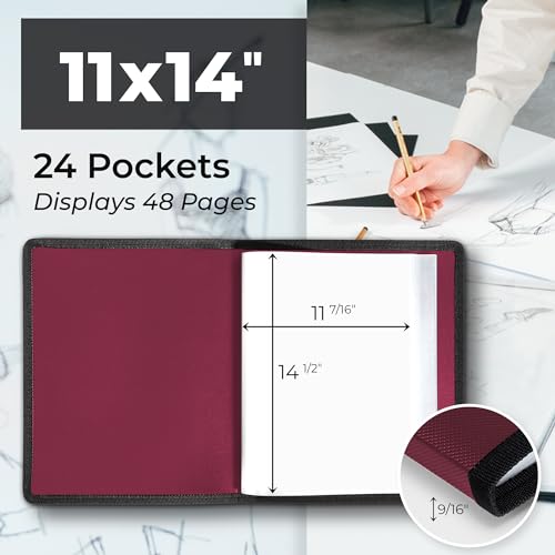 Dunwell 11x14 Art Portfolio Binder, 24-Sleeve, Mounting Paper, Ruby | 24 Clear Sleeves, Displays 48 Pages, Mounting Paper Included, Artwork Storage, Acid-Free Poly Protection - color: Ruby, size: 11x14" w/ BLK Paper