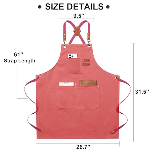 ZOMAO Chef Apron for Women Men with Large Pockets, Cotton Canvas Cross Back Waterproof Work Aprons for Kitchen Cooking Bib - color: Pink