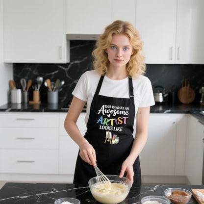 Funny Apron for Women with 2 Pockets, Adjustable Kitchen Apron for Cooking Baking Gifts for Mom Wife Birthday - color: Black-this is What an Awesome Artist Looks Like