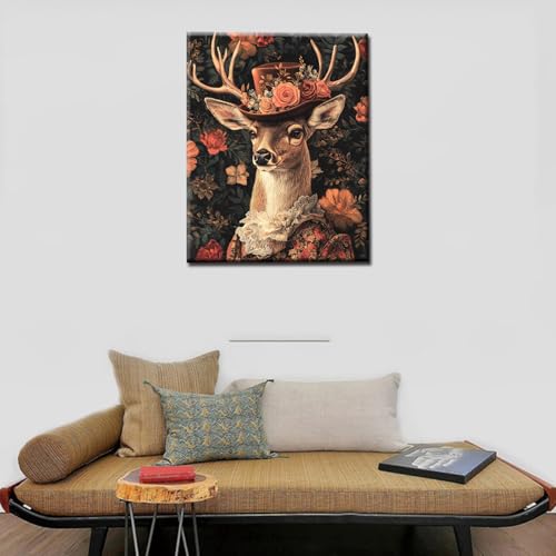 Deer Wearing Hat DIY Paint by Numbers for Adults Animal Flowers Digital Oil Painting Kits on Canvas Acrylic Paint DIY Crafts Paintwork Home Decor Unique Gift 16x20 Inch (Frameless) - color: Hat Animal-01, size: 16''x20''(Frameless)