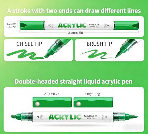 kander 12 Colors Dual Tip Acrylic Paint Markers, Green Color — Extra Fine & Soft Brush Pen Set with Direct Ink Flow for Sketching, Detailing, Coloring on Wood, Canvas, Rock, Glass, DIY Crafts - color: Green