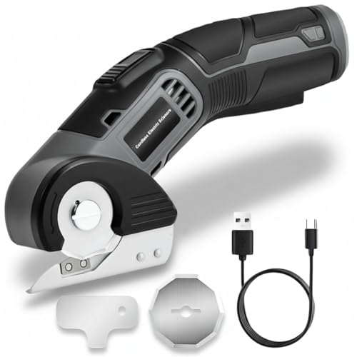 4V Cordless Electric Scissors, Lightweight Rotary Cutter with 2 Blades & USB Charging, for Cardboard Fabric Leather Carpet Plastic Rope Cutting, Safety Lock for Home DIY Craft Use