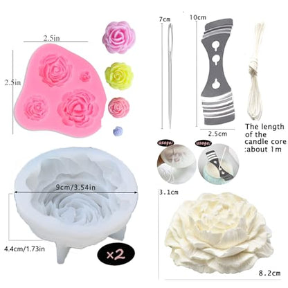 3PCS Rose Peony Flower Silicone Candle Molds 3D Rose Fondant Mold with Large-Eye Wicking Needle,Candlewick Soap Molds Epoxy Resin Casting Candle Molds Chocolate Cake Dessert Decor Art Crafts - color: Rose-Peony