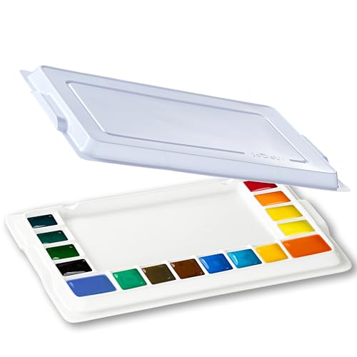 Ceramic Watercolor Palette, Rectangular Porcelain Artist Paint Palette, 16-Well Art Mixing Tray with Lid for Watercolor, Gouache, Acrylic Painting - size: 14" x 8.5" x 1"