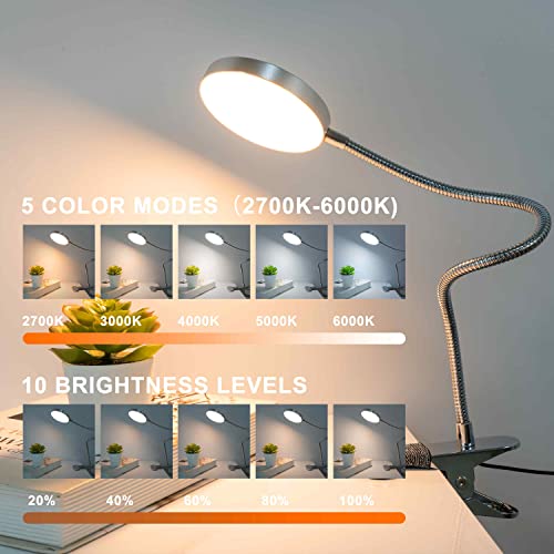 LiFMIRA Clip on Lamp Reading Light 5 Color Modes 10 Brightness 8W Silver | 66 LED Eye Caring Metal Clamp Light Gooseneck Clip on Light for Bed Headboard Desk Video Conferencing Make up - color: Silver