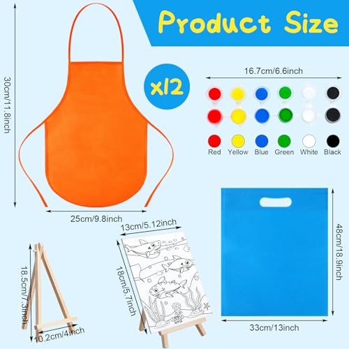 Tenceur 48 Pcs Kids Paint Party Favors Sets with 12 Pcs Animals Oceans Pre Drawn Canvas Panel and Wooden Easel Set Paint Pots and Brushes 12 Mini Apron and Tote Bag for Kids Girls Student Boys - style: Fresh