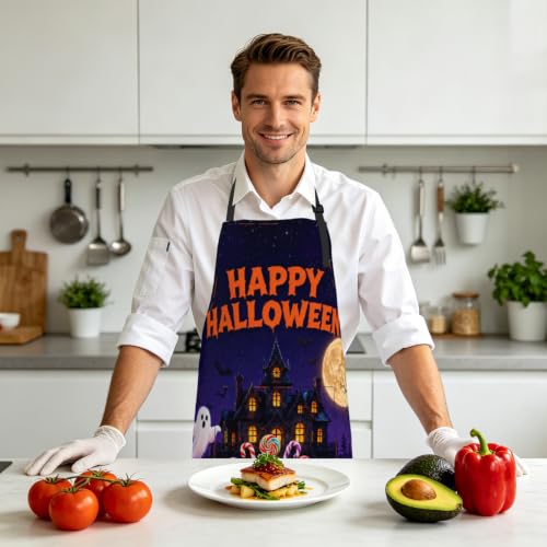 Happy Halloween Aprons Candy Lollipop Cupcake Jack-O-Lantern Kitchen Apron with 2 Pockets Ghost Castle Cooking Apron with Adjustable Neck Strap for Baking Crafting Gardening - color: Halloween-candy Pumpkin