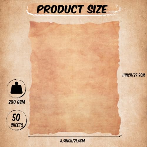 Harloon Vintage Paper Cotton Stationery Paper, 8.5x11 Inch, 50 Pcs | Old Looking Thick Cardstock Blank 200 Gsm, Antiqued Watercolor Deckle Edge, for Invitations Drawing Writing Invitations Craft - size: 8.5 x 11 Inch