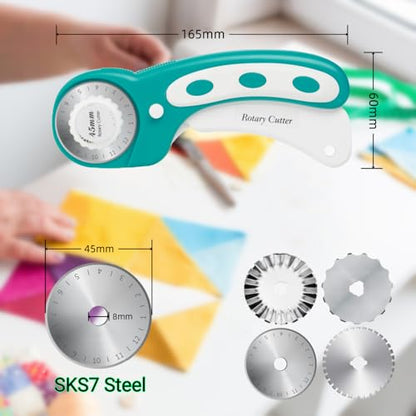 45mm Rotary Cutter for Fabric with 8pcs Rotary Blades, Rolling Fabric Cutter Crochet Edge Skip Stitch Blade Perforating Rotary Blade, Pinking Rotary Cutter for Quilting Crafts Sewing - color: Turquoise