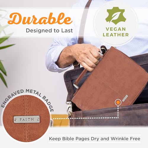 Christian Art Gifts Faux Leather Bible Cover: Faith Sentiment Badge, Brown - size: Medium