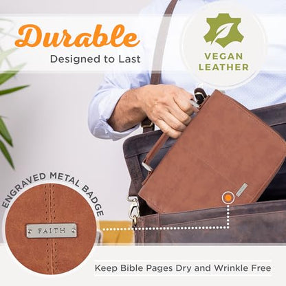 Christian Art Gifts Faux Leather Bible Cover: Faith Sentiment Badge, Brown - size: Medium