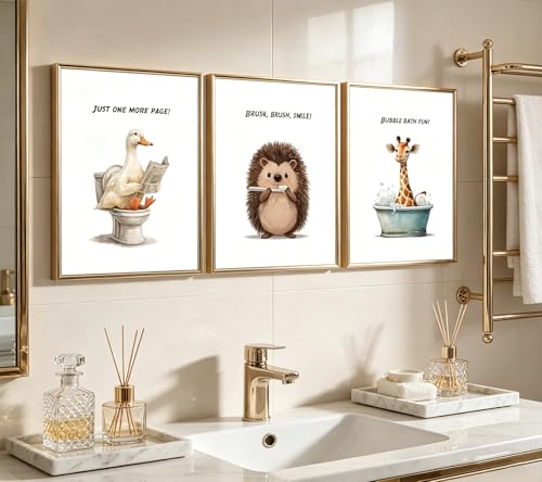 3Pcs Funny Bathroom Animal Canvas Wall Art, Nursery Toilet Quotes Painting Pictures Wall Decor, Washroom Simple Neutral Posters Print Artwork for Restroom, Home Decoration 12x16in Unframed - color: Bathroom Animals, size: 16"L x 12"W Poster