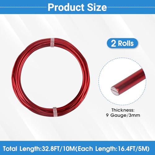 2 Rolls Aluminum Craft Wire, 9 Gauge (3mm) Flexible Metal Wire for Jewelry Making, 32.8 Ft (16.4 Ft/Roll) Bendable Armature Wire for Bonsai, Sculpting and DIY Crafts [Red] - size: 9Gauge 16.4Ft Each, style: Red