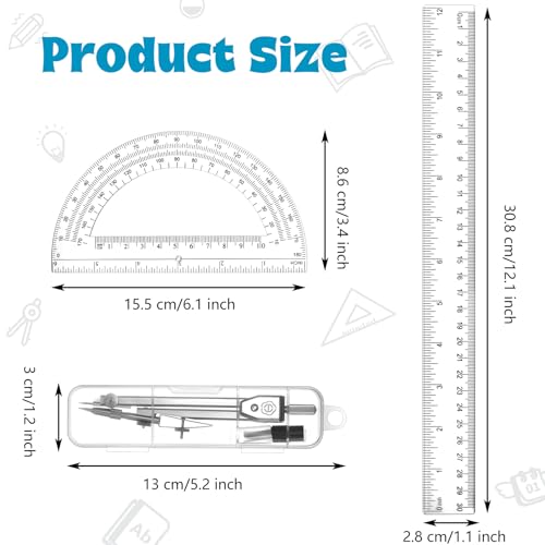 Zonon 3 Pcs 12" Clear Plastic Ruler 6 Inch Protractor Compass Set, Clear - color: Clear, size: 12 Inch