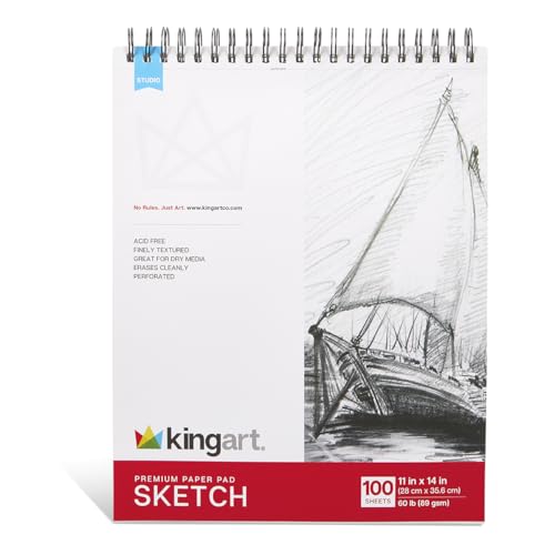 KINGART Sketch Paper Pad – 11x14 Inch, 1-Pack – 100 Sheets (60 lb / 90 GSM), Finely Textured Acid-Free Paper – Top Spiral-Bound Drawing Book