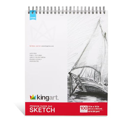 KINGART Sketch Paper Pad – 11x14 Inch, 1-Pack – 100 Sheets (60 lb / 90 GSM), Finely Textured Acid-Free Paper – Top Spiral-Bound Drawing Book