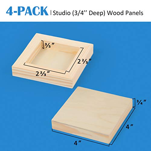 4 Pack 4x4’’ Unfinished Birch Wood Panels Kit for Painting | Studio 3/4’’ Deep Wooden Canvas, Cradle Boards for Acrylic Pouring, Art, Crafts, Epoxy Resin, Laser Engraving Cutting - size: 4'' x 4'' Studio