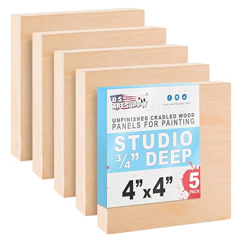 U.S. Art Supply 04" x 04" Unfinished Cradled Wood Panels for Painting, Studio 3/4" Deep (5 Pack) - Artist Depth Birch Wooden Wall Canvases - Mixed-Media Craft, Acrylic, Oil, Encaustic, Paint Pouring - size: 4" x 4", style: Square