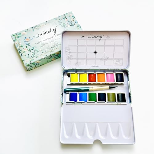 Watercolor Paint Set, 12 Colors Half Pans with Brush, Travel Portable Metal Tin Palette for Adults and Artists - color: basic color