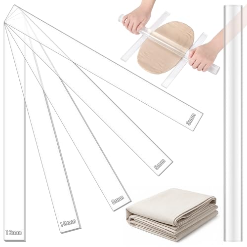 Fiwochic 12 Pcs Acrylic Pottery Tools Set Includes 1 Acrylic Clay Rolling Pin Sculpting Polymer Clay Tools 1 Stain Resistant Tablecloth and 10 Pcs 5 Size Teaching Rolling Mud Stick Guide(Transparent) - color: Transparent