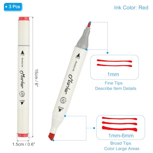 PATIKIL Dual Tip Markers, 3 Pcs Dual Tip Alcohol Markers Set White Barrel with Brush Tip and Fine Tip for Illustration Artist Adult Coloring Drawing Permanent Sketching, Red - color: Red