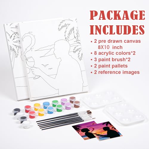 VOCHIC Sip and Paint Kit for Adults Couples Pre Drawn Canvas Painting Kit | Art Party Set for Adults Date Night Sunset Beach 2 Pack (8 x 10 Inches, Wine Glass Couple) - size: 8x10, style: Wine Glass Couple