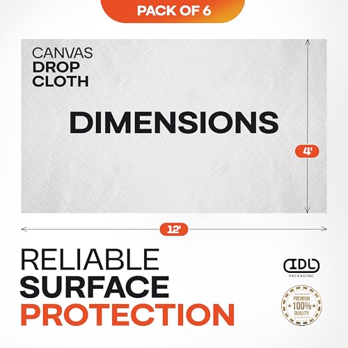 Canvas Drop Cloths 4' x 12', Pack of 6 - Reusable & Eco-Friendly Painters Drop Cloth for Furniture, Surfaces & Floor Protection - 100% Recycled Cotton Canvas Tarp for Home Renovation by IDL Packaging - size: 4' x 12', Pack of 6