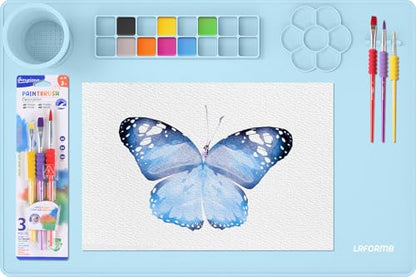 Silicone Painting Mat, 23.6x15.8in Art Craft Mat with Brushes | For watercolor resin clay DIY art use, waterproof table protection painting station with cup palette, 3 brushes, blue - color: Blue