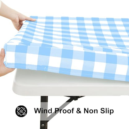 Smiry 4 Foot Picnic Table Cloth, Flannel Backed Fitted Vinyl tablecloths | Waterproof Elastic Rectangle Tablecloth ,Buffalo Plaid Table Covers for Dining, Camping (Baby Blue and White, 24" x 48") - color: Baby Blue and White, size: 48" x 24" (Rectangular)