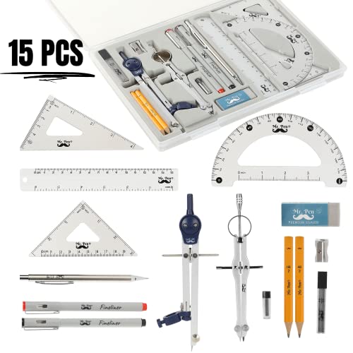 Mr. Pen- Professional Geometry Set, 15 pcs, Drafting Tools with Protractor | Compass, Metal Ruler, Triangles, Pens & Pencils, Complete Geometry & Drafting Kit for Architects, Engineers & Students - color: Silver