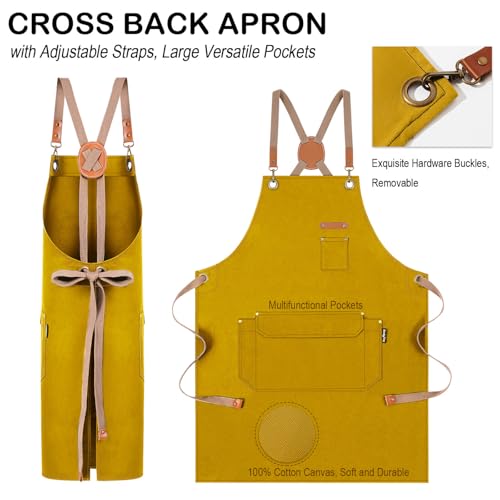 Genixart Chef Apron Men Women, Kitchen Aprons Cooking, BBQ - Yellow | Box Packed, Cotton Canvas, Cafe, Bar, Workshop, Restaurant, Water & Oil Stain Resistant, Cross Back Adjustable, Large Pockets - color: Yellow