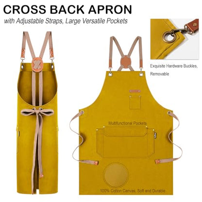 Genixart Chef Apron Men Women, Kitchen Aprons Cooking, BBQ - Yellow | Box Packed, Cotton Canvas, Cafe, Bar, Workshop, Restaurant, Water & Oil Stain Resistant, Cross Back Adjustable, Large Pockets - color: Yellow