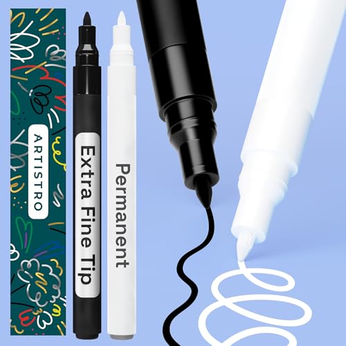 ARTISTRO 2 Black & White Permanent Marker - Waterproof Markers for Tire, Fabric, Rocks, Glass, Ceramic, Wood, Paper - Oil Based Paint Pens - Extra-Fine Tip 0.7mm - color: Black & White, style: Extra Fine Tip