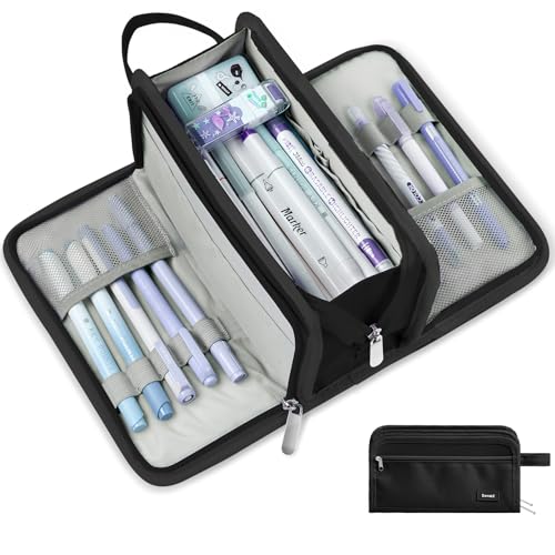 Sooez Large Pencil Case, Pencil Pouch, Pencil Bag, Pencil Box, Pure Black | Ample Storage, Durable Canvas, Smooth Zippers, Portable Handle, Cute Stationery Organizer, Makeup Bag, School Supplies, Boys - color: Pure Black