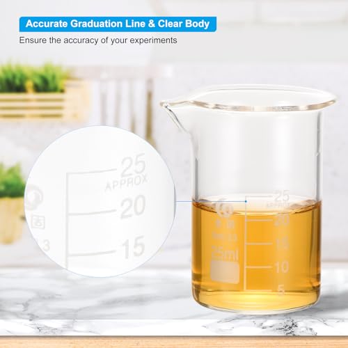 PATIKIL 25ml Low Form Glass Beaker, 4Pcs 3.3 Borosilicate Glass Beakers Graduated Measuring Cup with Spout for Lab Experiment, Cooking and Baking, Clear - size: 25ml