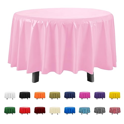 Eleclassi Pink 12 Pack Premium Round Disposable Plastic Tablecloth - 84 Inch Round Plastic Table Cloth Disposable Tablecloth for Parties - color: Pink, size: 12 Pack Round