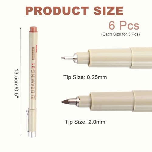 MECCANIXITY 01/2 Fineliner Ink Pens, 6Pcs 0.25/2.0mm Brown Micro Pens with Waterproof Archival Ink for Watercolor Sketching Cartoon Technical Drawing - style: 01# 2#
