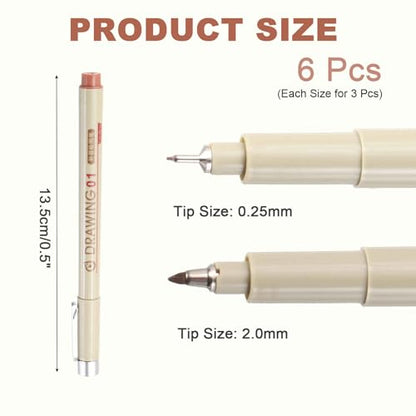 MECCANIXITY 01/2 Fineliner Ink Pens, 6Pcs 0.25/2.0mm Brown Micro Pens with Waterproof Archival Ink for Watercolor Sketching Cartoon Technical Drawing - style: 01# 2#