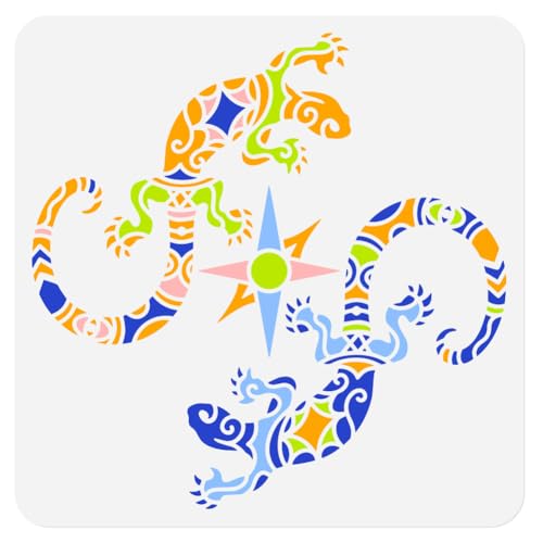 Aztec Lizards Wall Stencil 11.8x11.8 Inch Hollow Out Plastic Reusable Stencil for Painting on Wood, Floor, Wall and Fabric, Animal Theme Template for DIY Craft Painting - style: Lizards