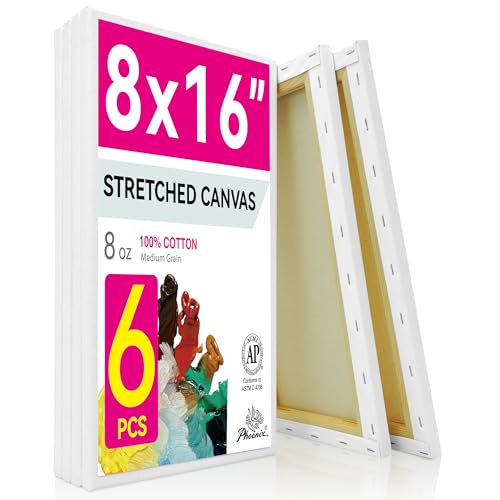 PHOENIX Long Stretched Canvas for Painting 8x16 Inch/6 Value Pack, 8 Oz Triple Primed 5/8 Inch Profile 100% Cotton White Blank Canvas, Rectangular Framed Canvas for Oil Acrylic & Pouring Art - size: 8"x16", style: Studio Set (8 Oz.)