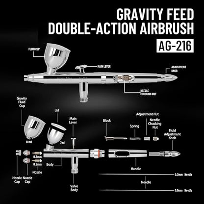 Airgoo Prime Series Airbrush Kit AG-216 Dual Action Gravity Feed Airbrush Kit with 0.3mm/0.5mm Nozzles & Needles, 7CC/10CC Fluid Cups for Tattoo, Modeling, Cake Decor, Nail Painting