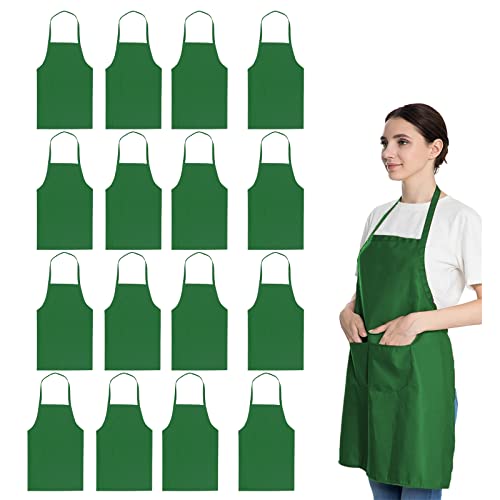 16 Pack Green Bib Plain Aprons Bulk for Women Men Adult with 2 Pockets-Chef Cooking Kitchen Painting Baking Restaurant Servers (16 pcs,Green) - color: Green